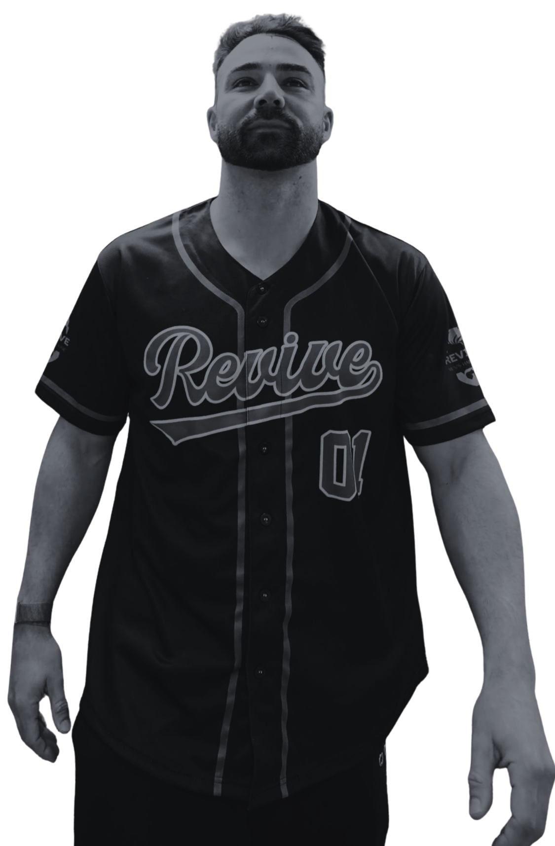 Man wearing a black Revive Men's Hair Clinic branded baseball jersey