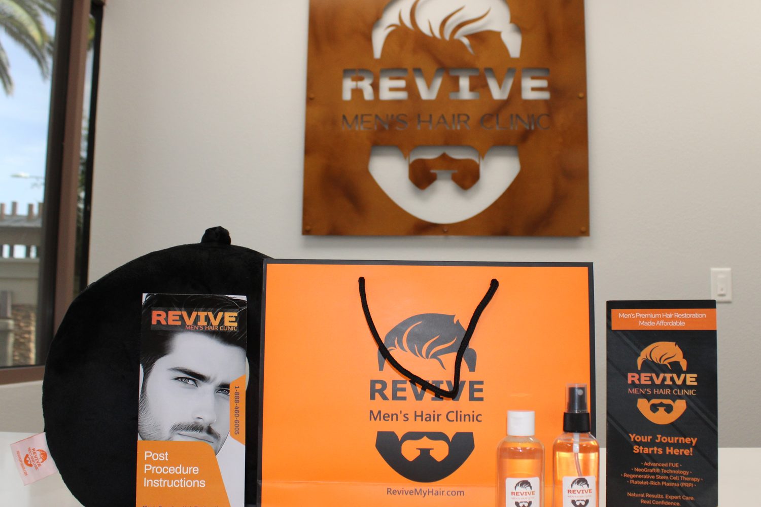 Post-procedure recovery kit and aftercare instructions at Revive Mens Hair Clinic Las Vegas