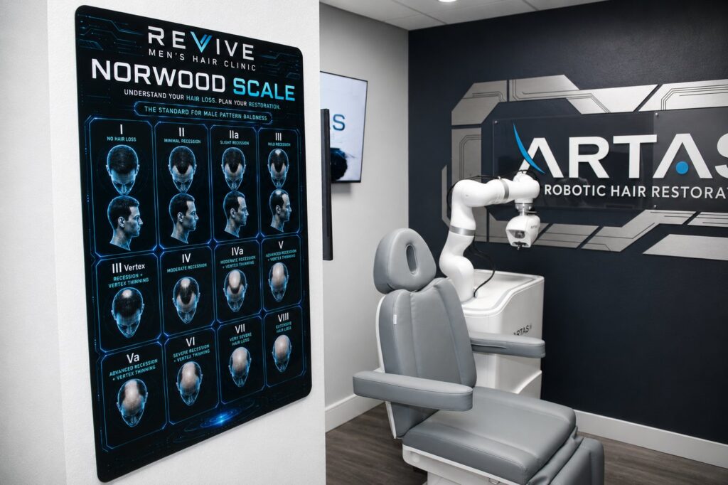 Norwood Scale board at the entrance to the ARTAS iX robotic hair restoration room at Revive