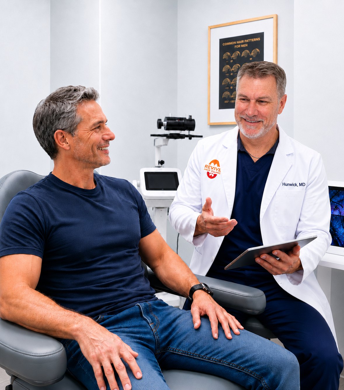 Dr. Bernard Hunwick, M.D. reviewing a treatment plan with a patient at Revive Mens Hair Clinic