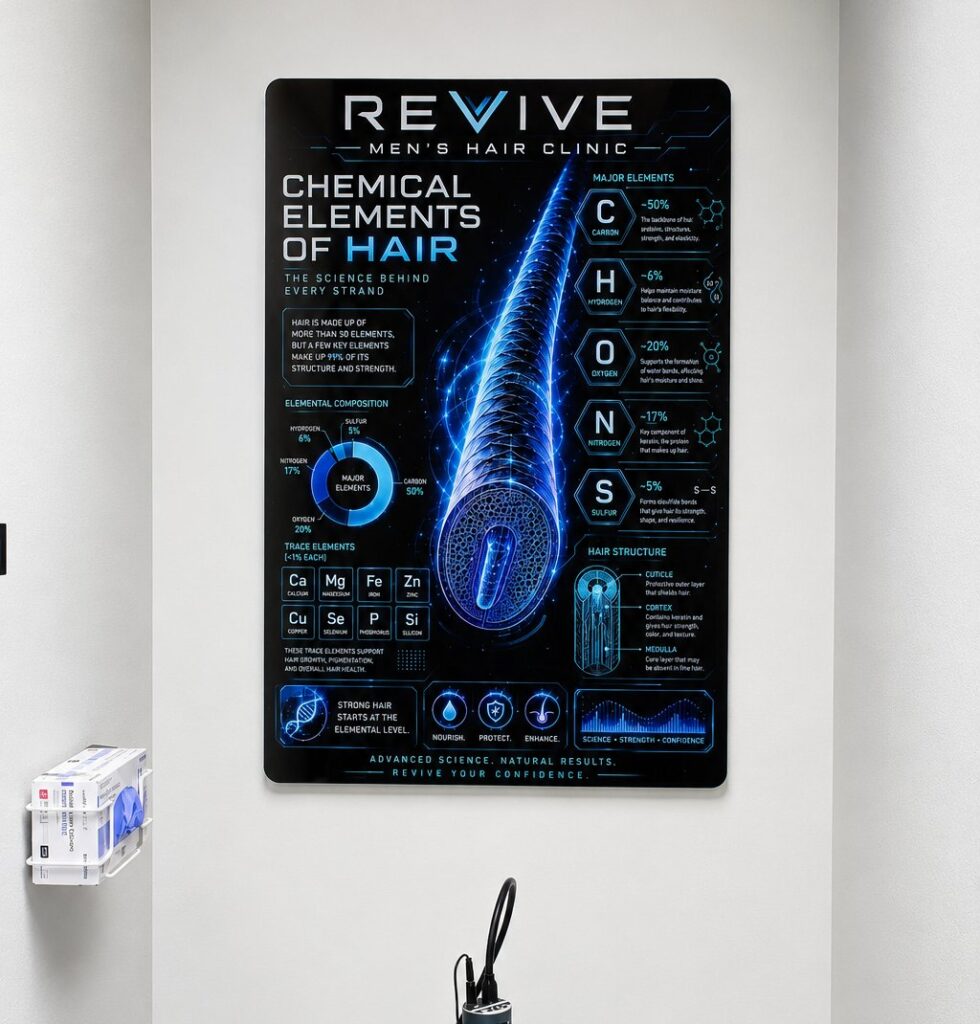 Hair science education poster above the follicle analysis station at Revive