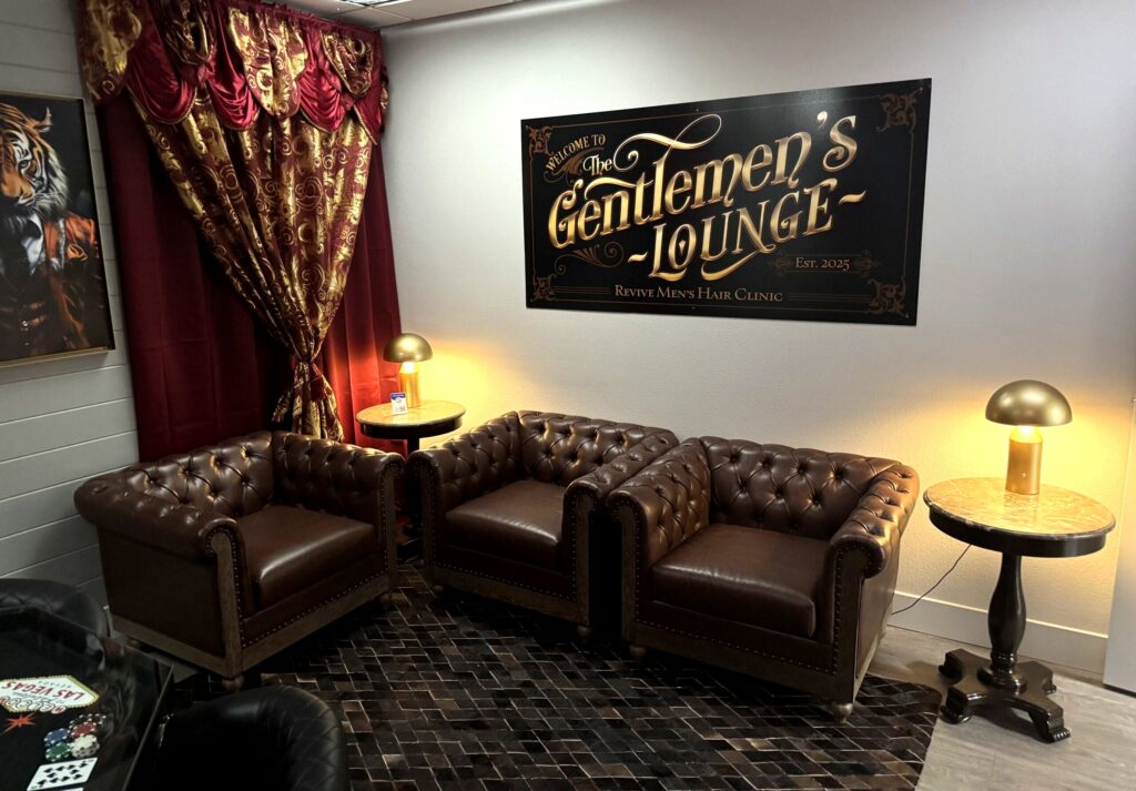 The Gentlemens Lounge seating area at Revive Mens Hair Clinic