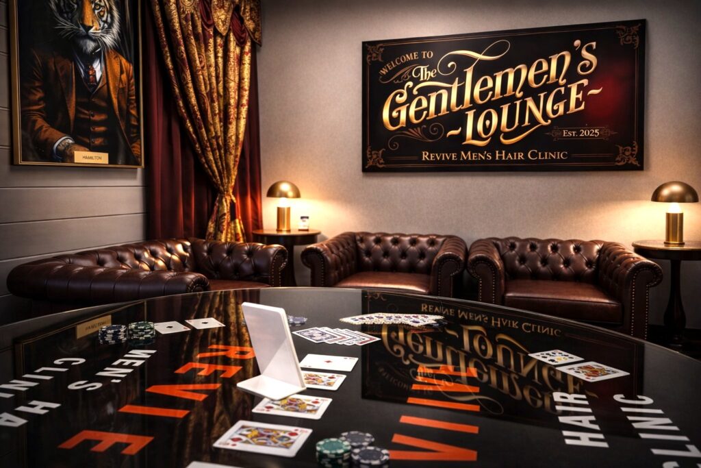 Gentlemens Lounge card table and Chesterfield seating at Revive
