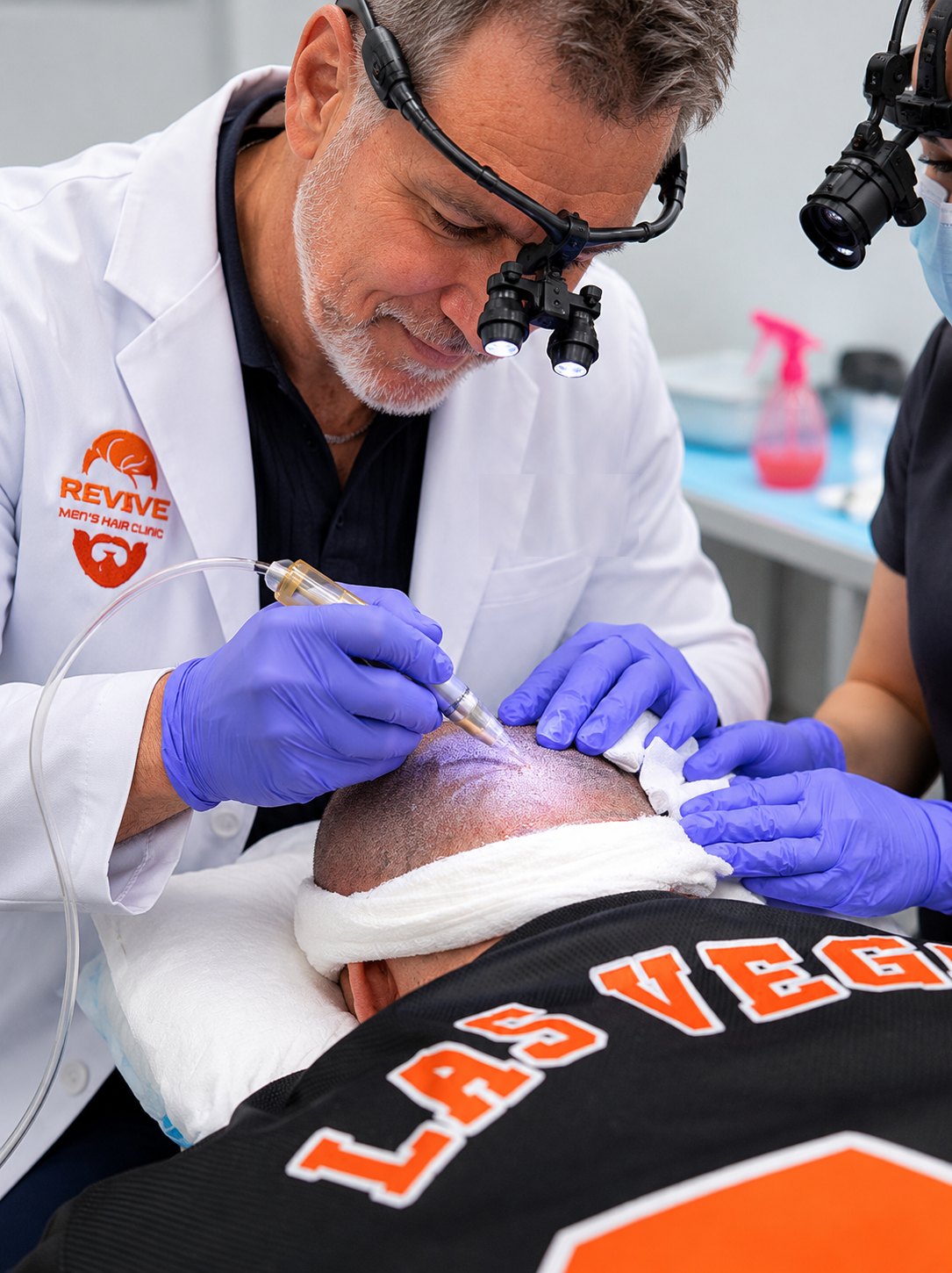 Physician placing follicular unit grafts during a NeoGraft FUE procedure at Revive Mens Hair Clinic
