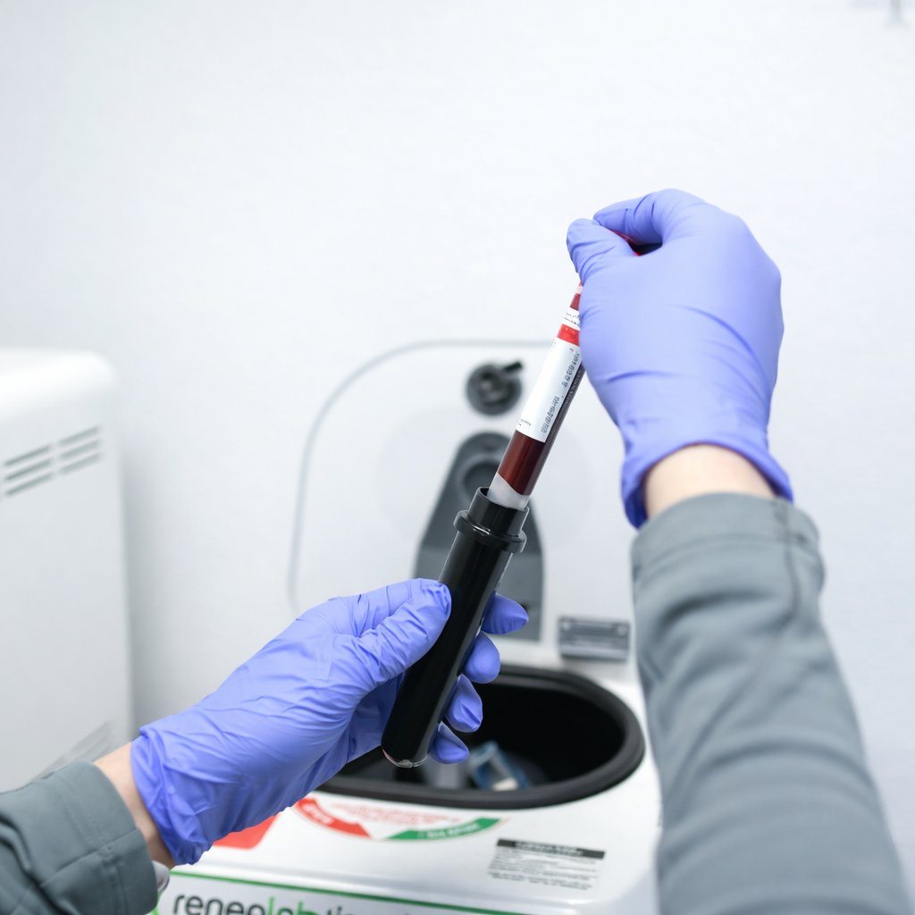 Clinician loading a sample tube into the centrifuge during Revive Protocol preparation