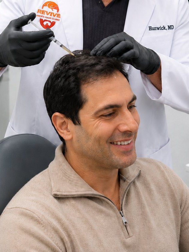 Man receiving a scalp injection during a hair restoration treatment
