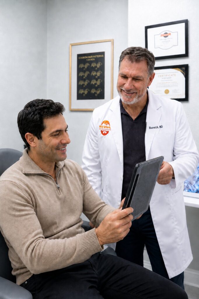 Physician reviewing regenerative treatment options with a patient at Revive Mens Hair Clinic